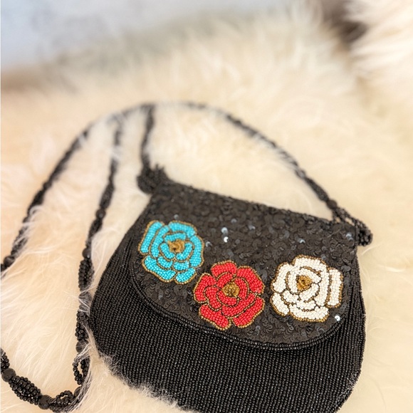 Handbags - Chic Black Beaded Crossbody Bag with Floral Design